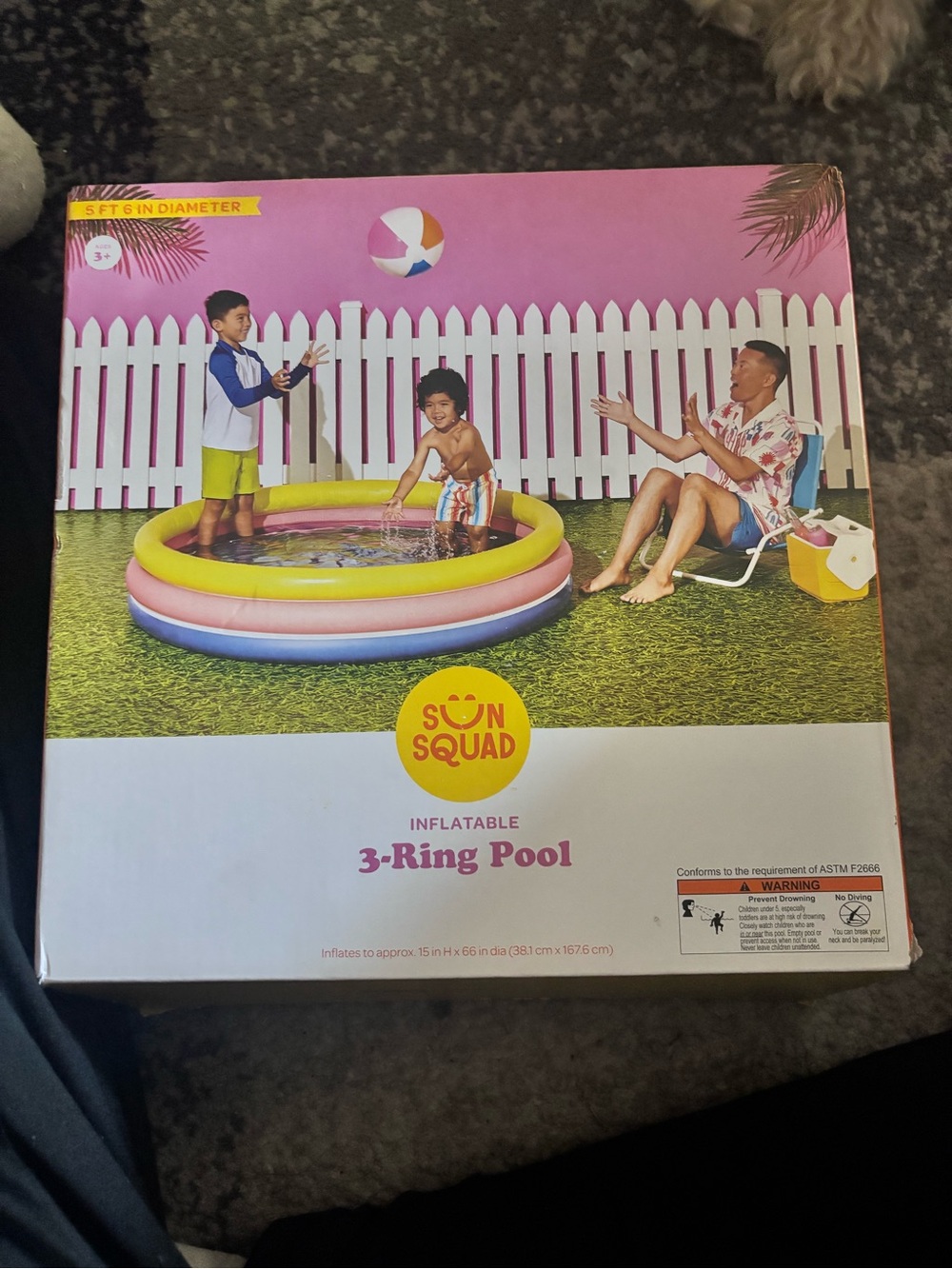 Inflatable 3-Ring Kids Pool - Pink, Yellow, Blue